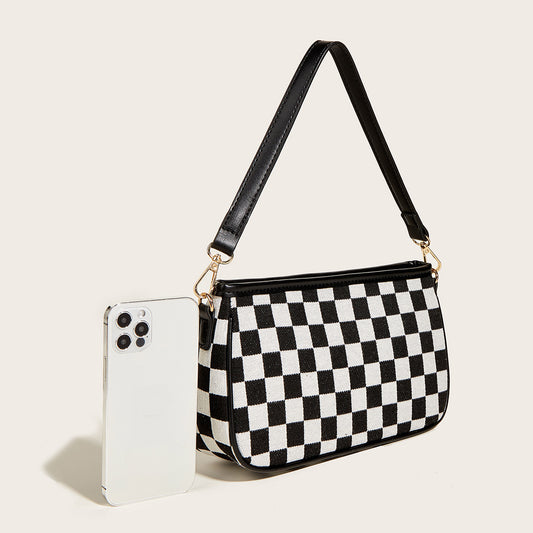 Fashion Personality Commuter All-Match Black And White Contrast Color Checkerboard Underarm Bag Girl Simple Temperament Women's Bag