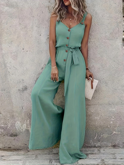Women's Elegant Olive Green V-Neck Button-Front Jumpsuit with Adjustable Waist Tie & Wide-Leg Design - Loose Fit Casual to Dressy All-Season Machine Washable Romper NS702