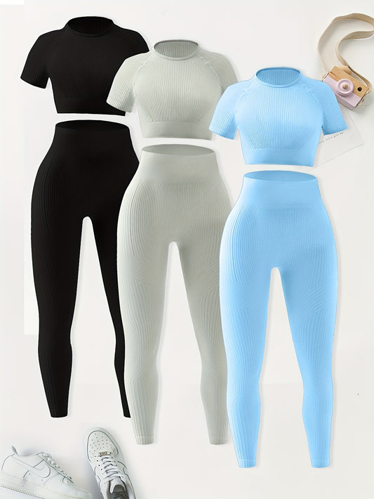 3 2-piece Sports Sets, Stretchy Crop Tops And Leggings, Women's Seamless High Elasticity Gym Yoga Outfits