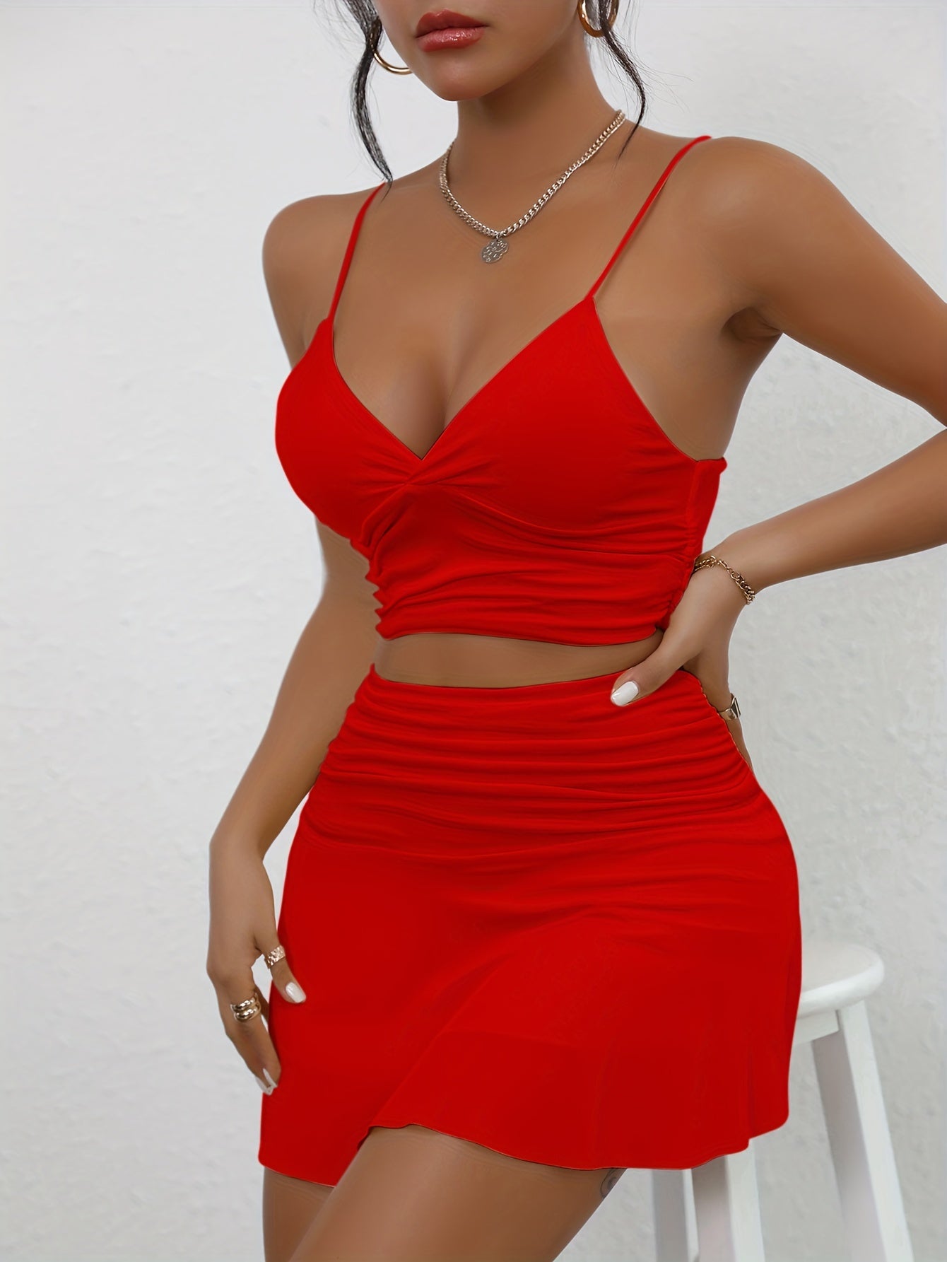 Solid Sexy Two-piece Set, V Neck Spaghetti Strap Cami Top & Ruffle Hem Mini Skirts Outfits, Women's Clothing