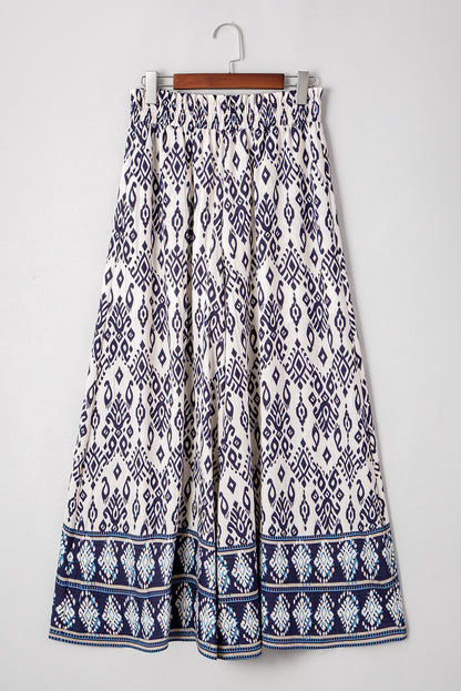 Blue Boho Pattern Print High Waist Wide Leg Loose Pants