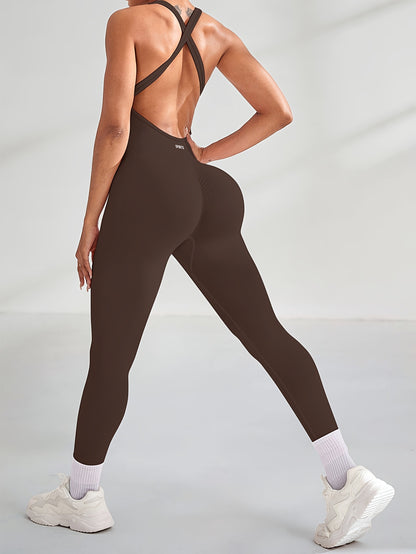 Women's High-Waisted Stretchy Yoga Jumpsuit - Smooth Knit Fabric, Solid Color, Long Sleeve, Round Neck, Machine Washable, Perfect for Sports & Fitness