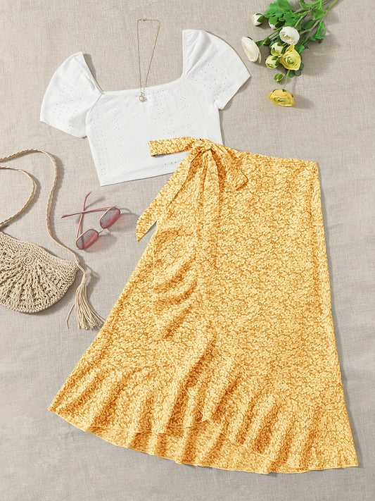Vacation Ready - Chic Square Neck Crop Top & Adjustable Print Wrap Skirt Set - Flirty Short Sleeves, Womens Two-Piece Outfit