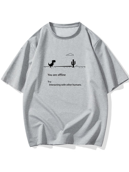 Men's Plus Size 'You are offline...' Print Stretch T-shirt, Oversized Short Sleeve Tops For Spring Summer, Causal Loose Clothing For Big And Tall Guys