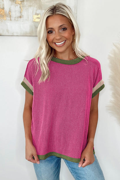 Rose Red Textured Contrast Trim Round Neck T Shirt