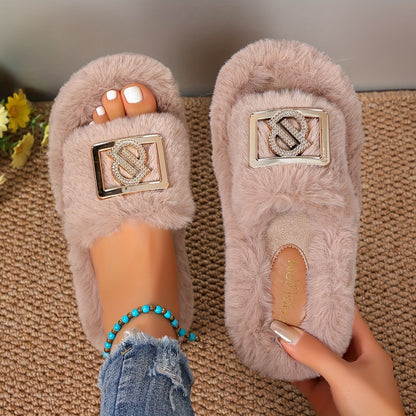 Women's Plush Slippers with Metallic Buckle - Thick Sole, Faux Furry Material, Black/Brown/Grey, Comfortable Indoor Shoes for All Seasons, House Slippers