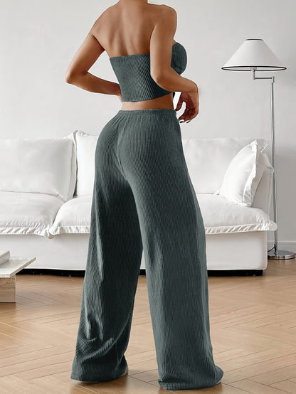 Women's Summer Fashion Outfit - Solid Color Crop Top and Pants, Side Drawstring, Comfortable for Casual Wear
