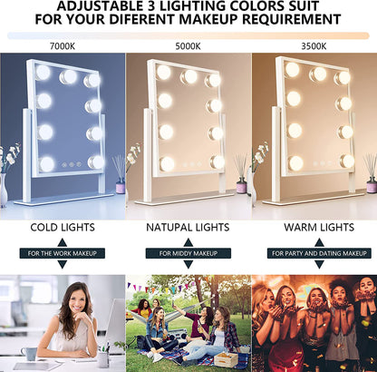 Makeup Mirror with Lights, Hollywood Makeup Mirror with 3 Color Modes and 9 Adjustable LED Bulbs, Zoom in 360° Rotation Touch Control