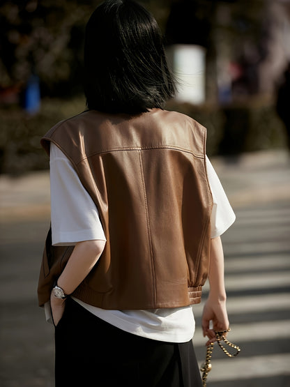 Women's Vintage Style Versatile Genuine Sheepskin Leather Vest, Casual Sleeveless Jacket With Zipper Detail