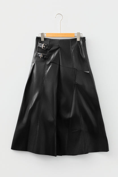 Black Faux Leather Retro Buckle Detail Pleated Stitch Flared Midi Skirt