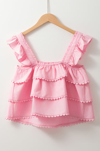 Pink Tiered Heart Trim Square Neck Flutter Top