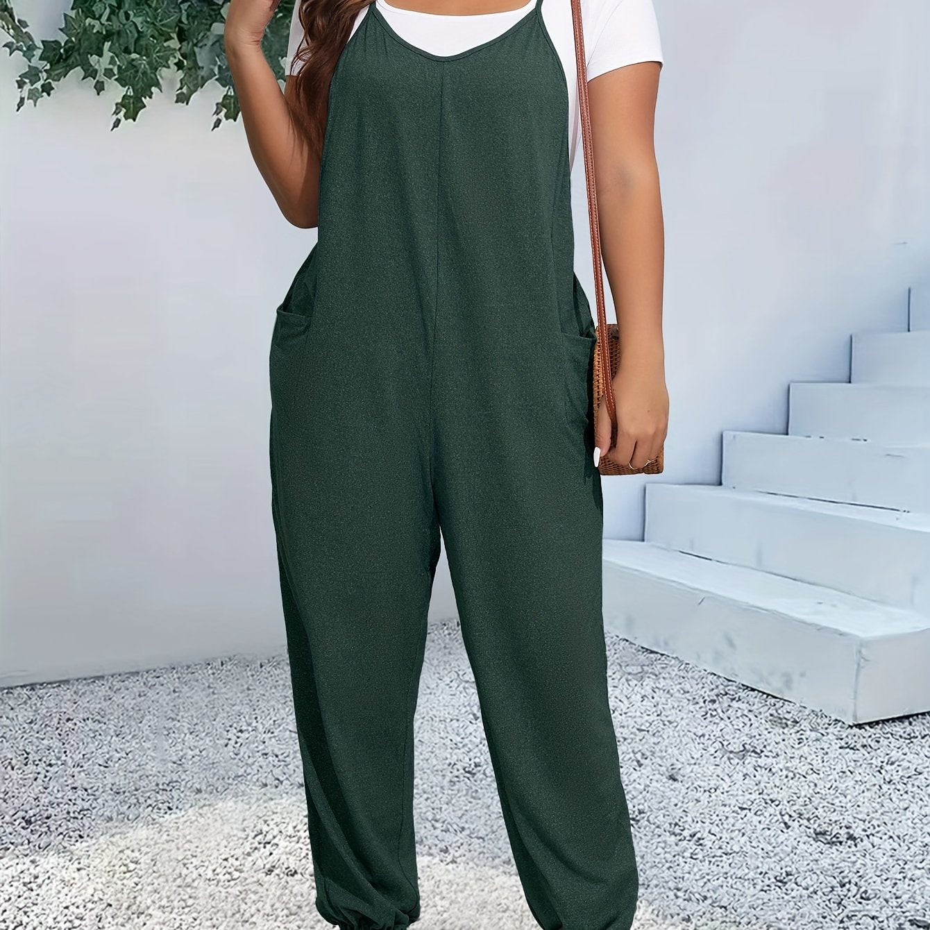 Plus Size Chic Cami Jumpsuit - Comfort-Fit with Tapered Leg, V-Neck Design, and Convenient Pockets - Versatile for Casual and Everyday Wear