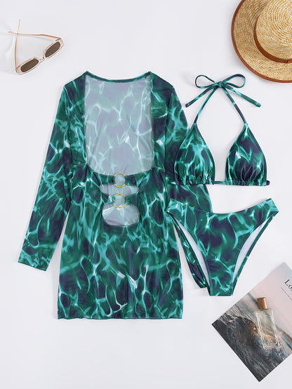 Summer Beach Tie-Dye Printed Camisole Triangle Bikini Set