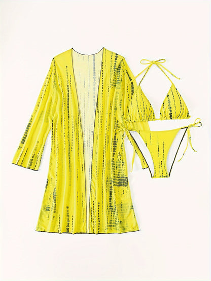 Trendy Tie Dye Striped Bikini Three Pieces Set, Solid Bra & Panty & Cover Up for Beach Wear, Women's Swimwear