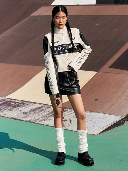 Stylish Faux Leather Long Sleeve Crop Jacket with Letter Print Button Front - Women's Fashion Outerwear for Chic Look - Faux Leather