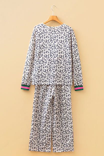 Gray V Neck Leopard Long Sleeve Top Striped Webbing Patchwork Drawstring Pant Set