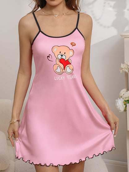 Women's Teddy Bear With Heart & Letter Print Casual Frill Trim Sleepwear Dress, Round Neck Backless Slip Dress, Comfortable Nightgown