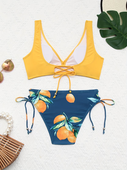 2 Piece Yellow Crisscross Tie Back Top and Vibrant Lemon Print Bottoms Set - Women's Swimwear & Clothing - Stylish Bikini Swimsuits for Summer Vacation