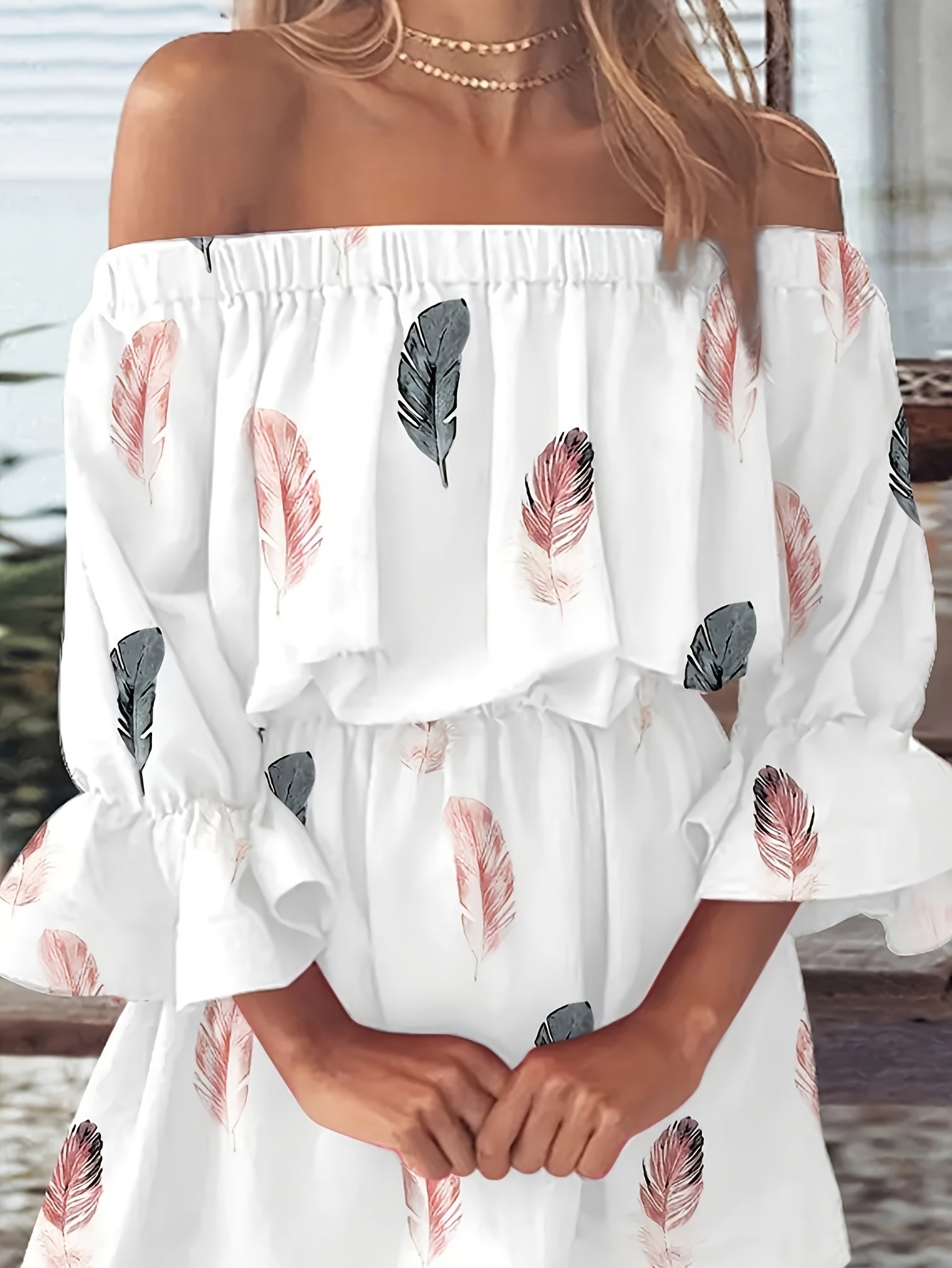 Stunning Off-Shoulder Feather Print Maxi Dress - Chic Flounce Sleeves, Flowy Bohemian Design, Summer Casual Wear, Elegant Party Dress for Women - Soft Fabric, Relaxed Fit, and Comfortable to Wear