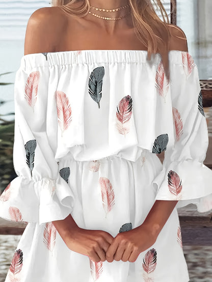 Stunning Off-Shoulder Feather Print Maxi Dress - Chic Flounce Sleeves, Flowy Bohemian Design, Summer Casual Wear, Elegant Party Dress for Women - Soft Fabric, Relaxed Fit, and Comfortable to Wear