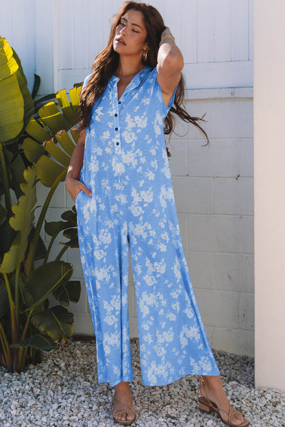 Myosotis Floral Print Half Button Wide Leg Relaxed Sleeveless Jumpsuit