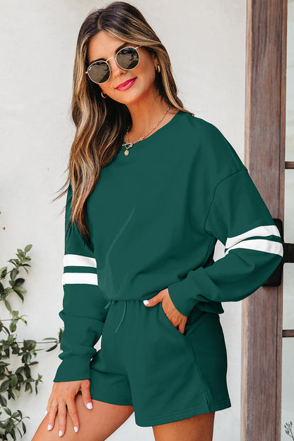 Evergreen Varsity Striped Sleeve Drop Shoulder Sweatshirt and Short Set