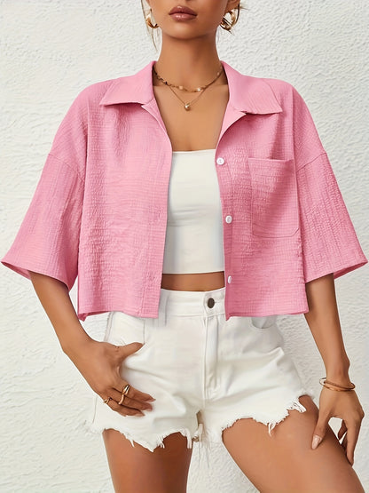 Button Front Crop Blouse, Casual Short Sleeve Blouse For Spring & Summer, Women's Clothing