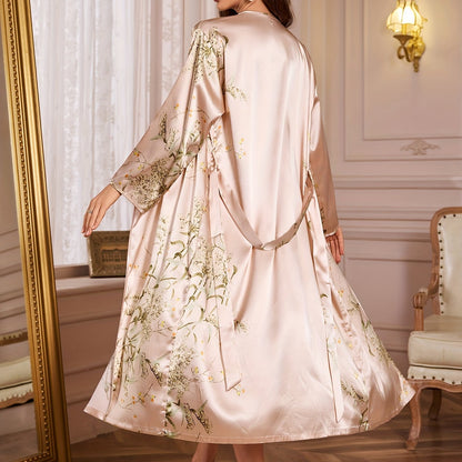 Women's Fashion Sleepwear, Long Sleeve Satin Robe with Cherry Print, V-Neck, Breathable Summer Bath Robe, Home Loungewear, Polyester, Adult Size, Woven Fabric