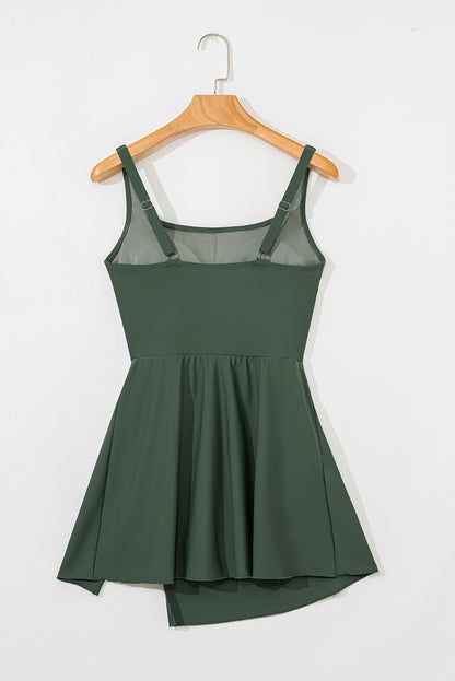 Mist Green Side Tied Waist Square Neck Adjustable Straps A-line One Piece Swim Dress