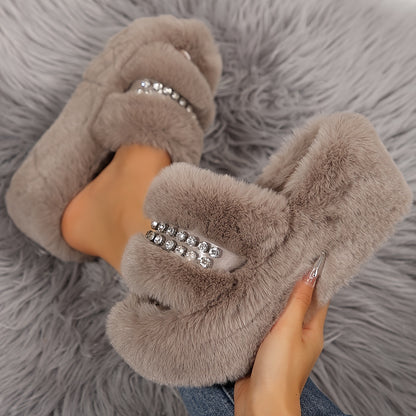 [Sparkling Rhinestone Slippers] Plush Faux Fur Sparkling Rhinestone-Decorated Slippers | Women's Slip-On with Thick Cushioned Rubber Sole & Sloped Heel | All-Season Indoor House Shoes for Warmth & Comfort (Black/Grey/White)