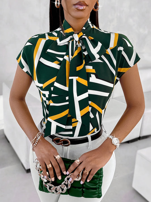 Vibrant Geometric Print Tie Neck Blouse - Elegant Cap Sleeve Top for Spring, Summer, and Fall - Customized, Micro Elastic Polyester, Woven, Random Printing, Womens Clothing