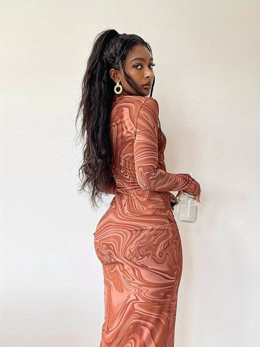 Abstract Ripple Print Dress, Sexy Mock Neck Long Sleeve Dress, Women's Clothing