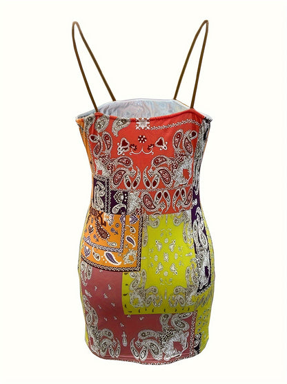 Vibrant Paisley Print Bodycon Mini Dress for Women - Sexy Off-Shoulder, Sleeveless, Stretchy Polyester Blend, Machine Washable, Party Wear Dress|Offshoulder Dress|Semitransparent Material