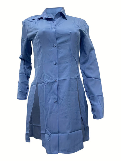 Women's Slim-Fit White Long Sleeve Shirt with Notch Lapel & Side Slit - Solid Color Button-Up Blouse, Machine Washable, Versatile for Casual & Formal Wear, Ladies Blouses