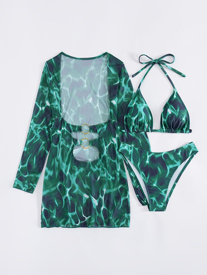 Summer Beach Tie-Dye Printed Camisole Triangle Bikini Set