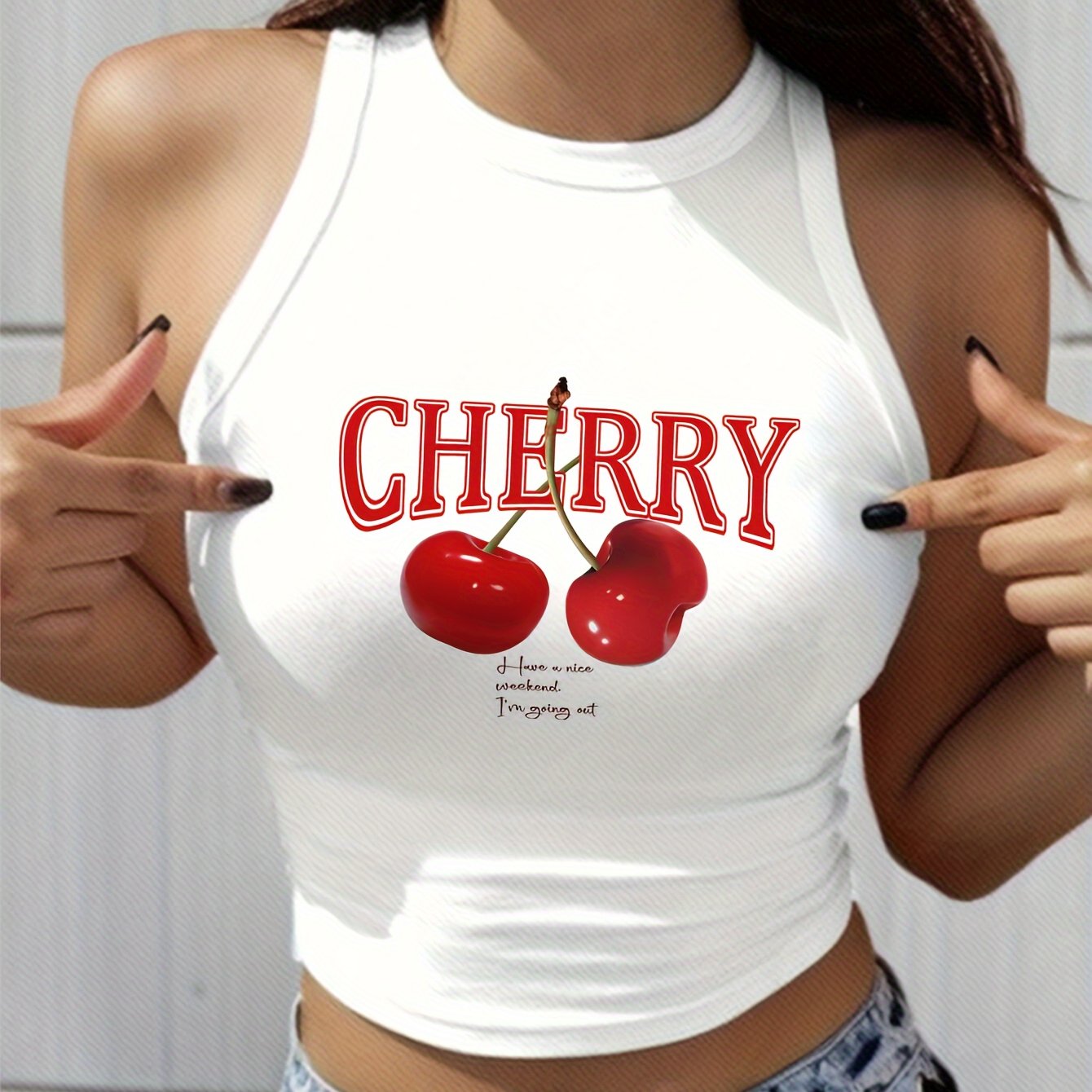 Vibrant Cherry Print Crew Neck Tank Top - Elegant Geometric Pattern, Mid Elasticity, Semi-Sheer, Polyester Knit Fabric, Perfect for Spring & Summer, Womens Casual Sleeveless Crop Top for Everyday Wear