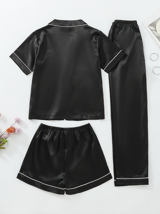 3pcs Women'S Casual Solid Color Short Sleeve Long Pants Pajama Set, Polyester Spandex, All-Season Sleepwear, Loungewear Set|Short Sleeve Top|Polyester Blend, Sleepwear Loungewea