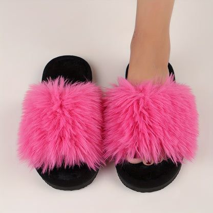 Elegant Women's Faux Fur Slippers - Winter Plush Open Toe Slip-On House Slippers with EVA Sole - Solid Color Fluffy Indoor Cotton Slides - Cixi Production Area