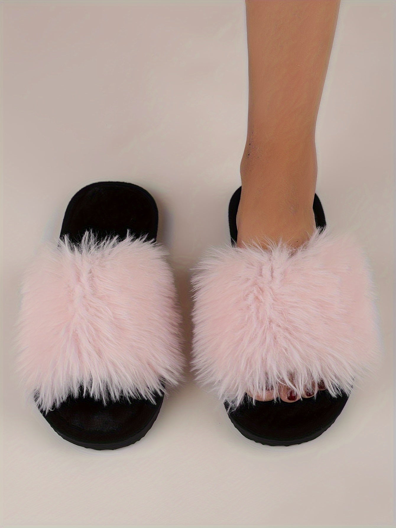 Elegant Women's Faux Fur Slippers - Winter Plush Open Toe Slip-On House Slippers with EVA Sole - Solid Color Fluffy Indoor Cotton Slides - Cixi Production Area