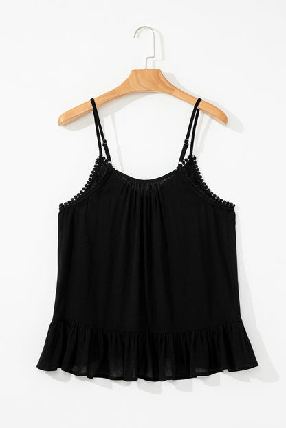 Black Floral Embroidery Ruffled Spaghetti Straps Tank Top