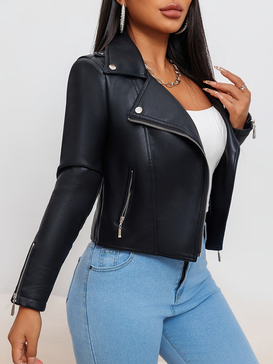 Women's Fashion Faux Leather Jacket 2024, Slim Fit PU Leather Biker Jacket, Solid Color, Long Sleeve, Zipper Front, Spring/Autumn Season, with Pockets, Commuter Style