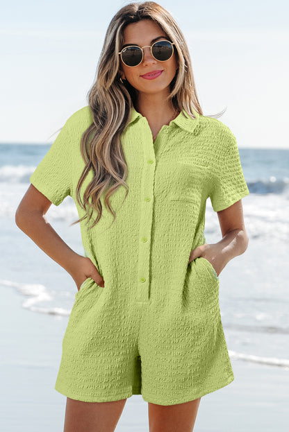 Meadow Mist Green Textured Short Sleeve Patched Pocket Buttoned Shirt Romper