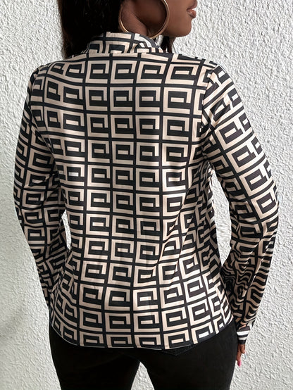 Graphic Print Button Front Blouse, Casual Long Sleeve Polo Collar Blouse For Spring & Summer, Women's Clothing
