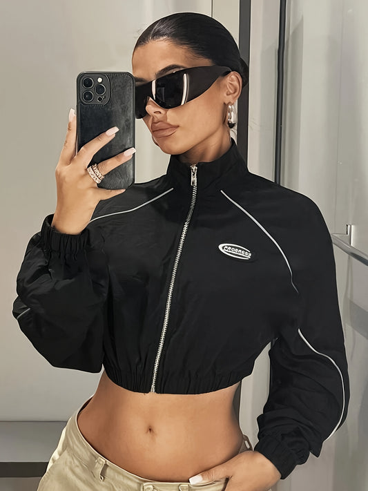 Stylish Long Sleeve Crop Jacket - Soft Solid Color Zip-Up Design for Women, Perfect for Spring & Fall, Casual Daily Wear, Versatile Fashion Piece