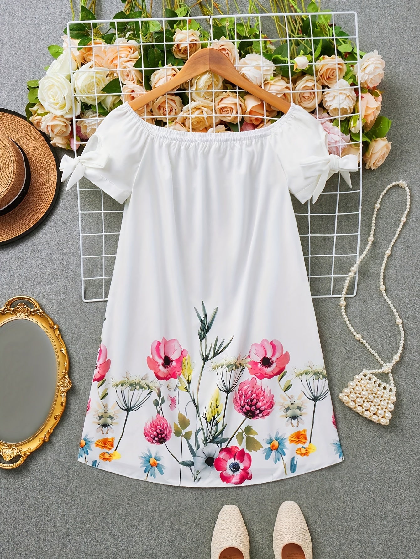 Floral Print Off Shoulder Dress, Elegant Short Sleeve Elastic Trim Dress For Spring & Summer, Women's Clothing