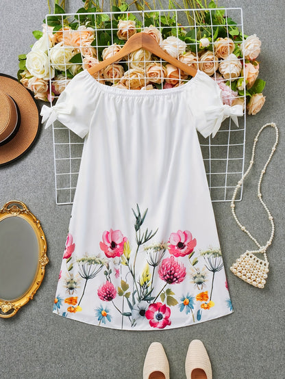 Floral Print Off Shoulder Dress, Elegant Short Sleeve Elastic Trim Dress For Spring & Summer, Women's Clothing