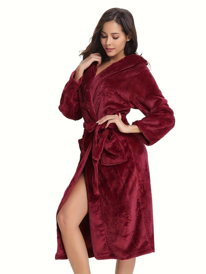 Elegant Polyester Hooded Dressing Gown for Women - Casual Long Sleeve Solid Color Lounge Robe with Belt, Flannel Winter Sleepwear with Hood, Knit Fabric, Warm Plush Lined Bathrobe for Fall/Winter