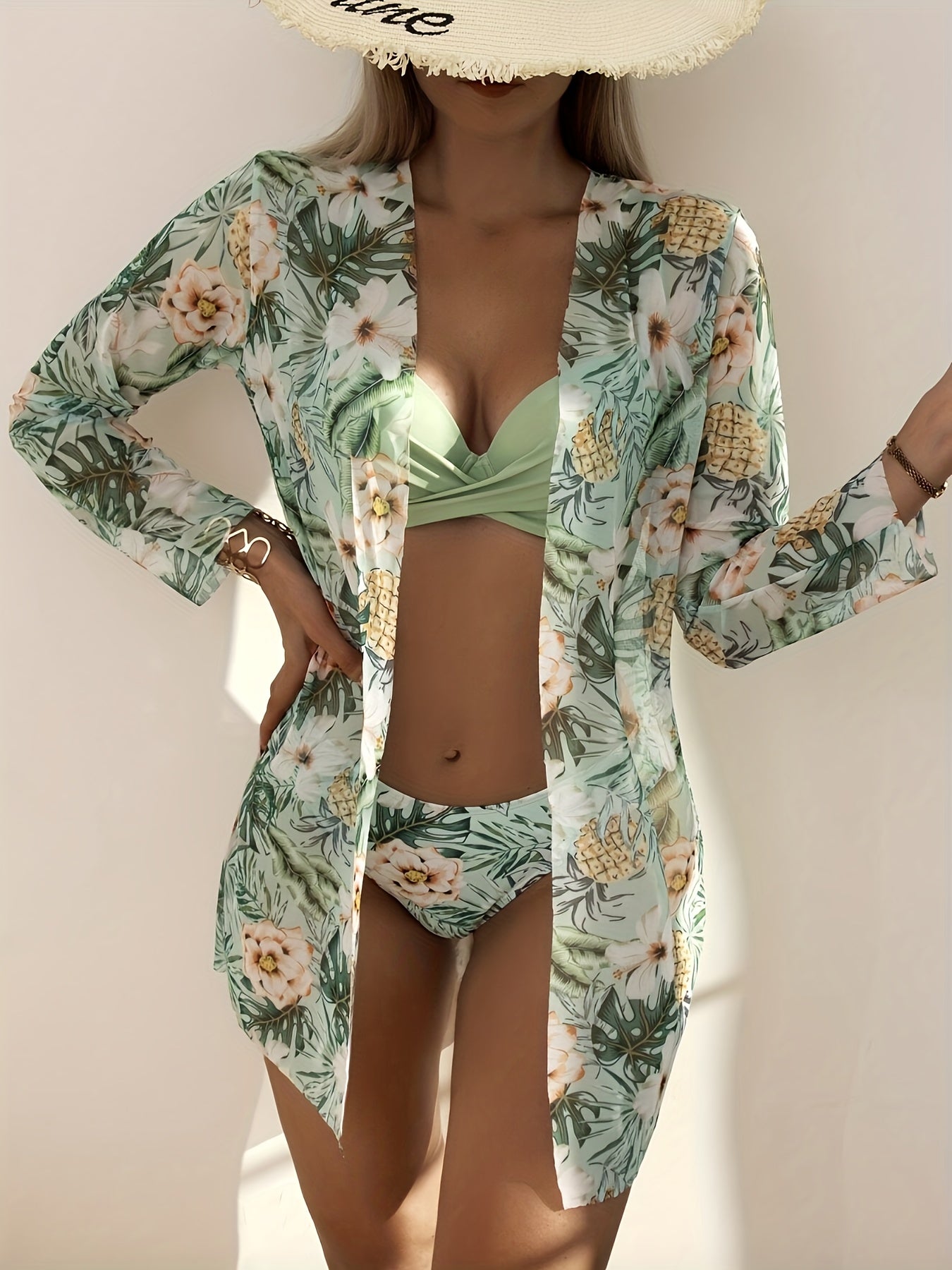 3-Piece Tropical Bikini Set with V-Neck & High-Cut Bottoms, Long Sleeve Cover-Up Shirt - Chic Summer Swimwear for Women, Perfect for Beach & Holiday
