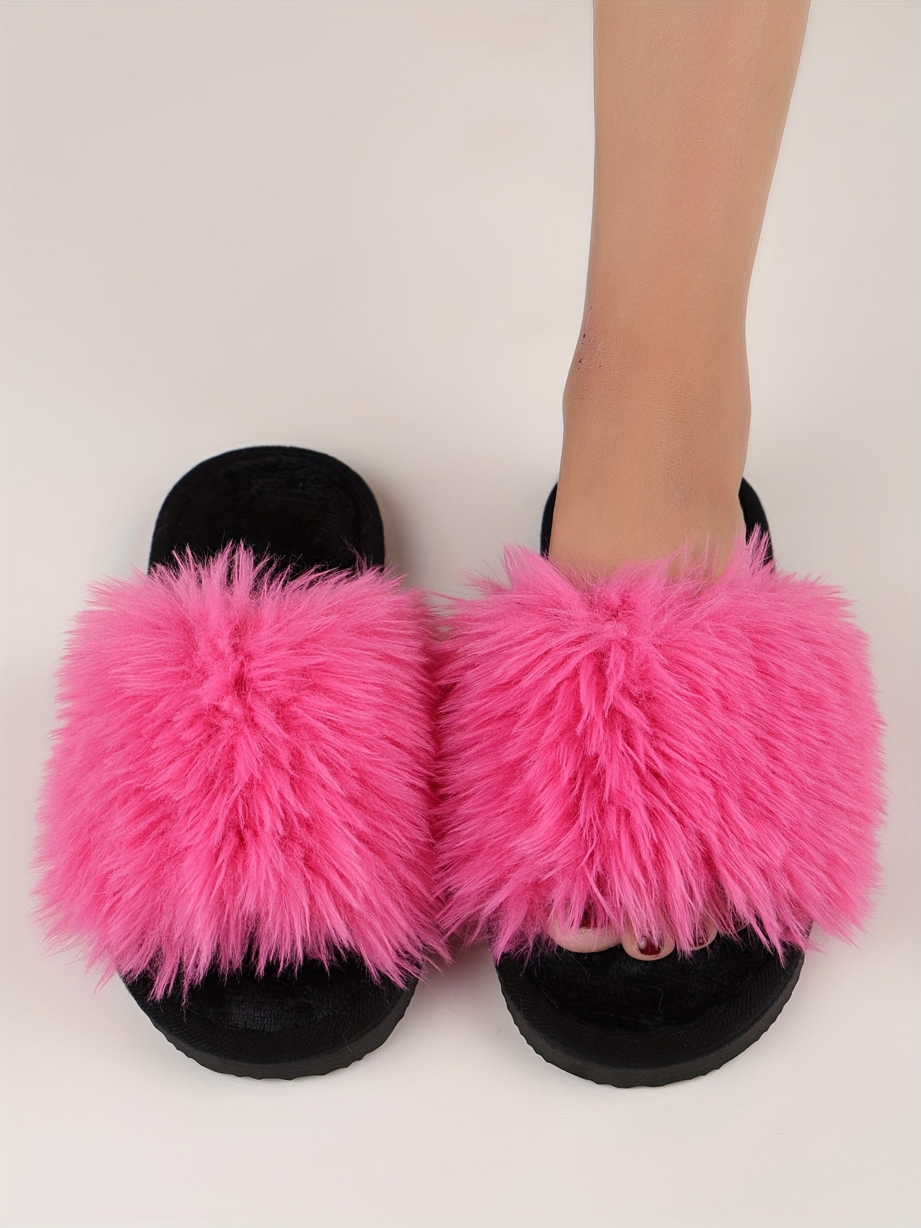 Elegant Women's Faux Fur Slippers - Winter Plush Open Toe Slip-On House Slippers with EVA Sole - Solid Color Fluffy Indoor Cotton Slides - Cixi Production Area