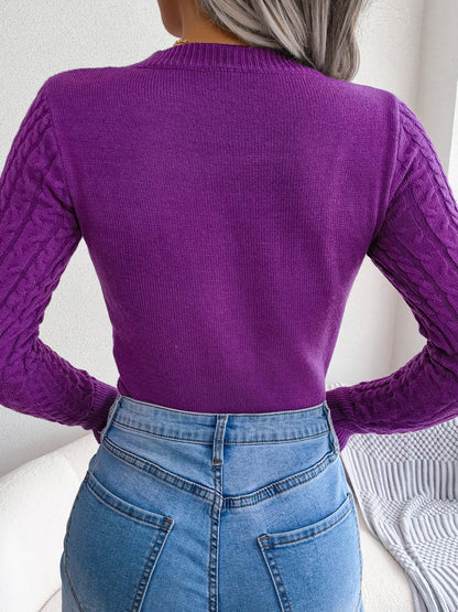 Women'S Sexy Hollow-Out Knit Pullover Sweater, Long Sleeve Crew Neck, Skinny Fit, Acrylic Blend (Polyester 28%, Polyamide 22%, Viscose 28%), High Stretch Fabric, Solid Color, Spring/Fall Fashion Top